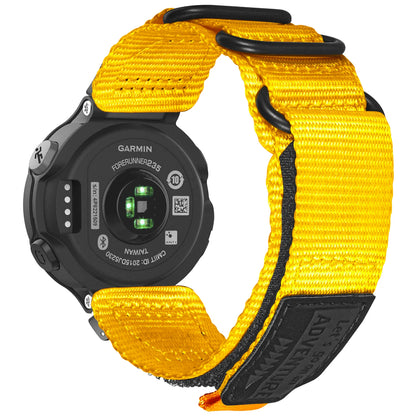 Garmin rugged nylon watch band strap in vibrant yellow, designed for comfort and durability for smartwatches.