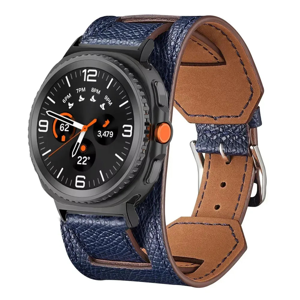 Samsung Galaxy Leather Watch Band - Watch8/Watch8 Classic/Watch9/Ultra/Ultra2 in dark blue on a smartwatch.