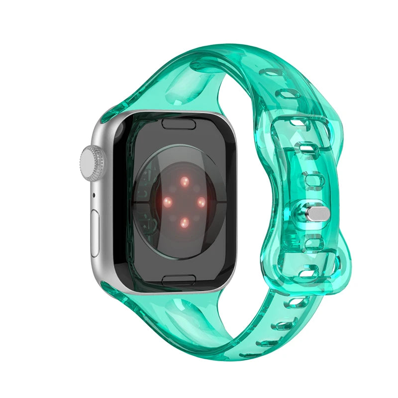 Apple Watch with a transparent soft rubber strap, featuring a sleek clear design for style and comfort.