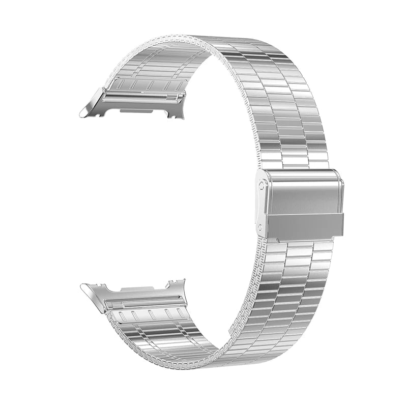Samsung Galaxy Stainless Steel Link Watch Band - Watch8/Watch8 Classic/Watch9 Business, silver metal strap view.