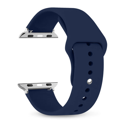 Navy blue silicone strap for Apple Watch, comfortable, waterproof, and durable design suitable for workouts and casual wear.