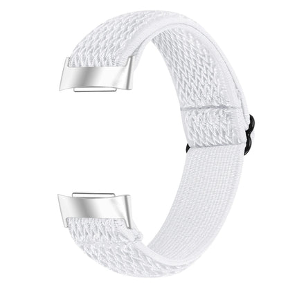 White elastic nylon strap for Fitbit Charge 6, breathable and stylish smartwatch band. Ideal for active lifestyles.