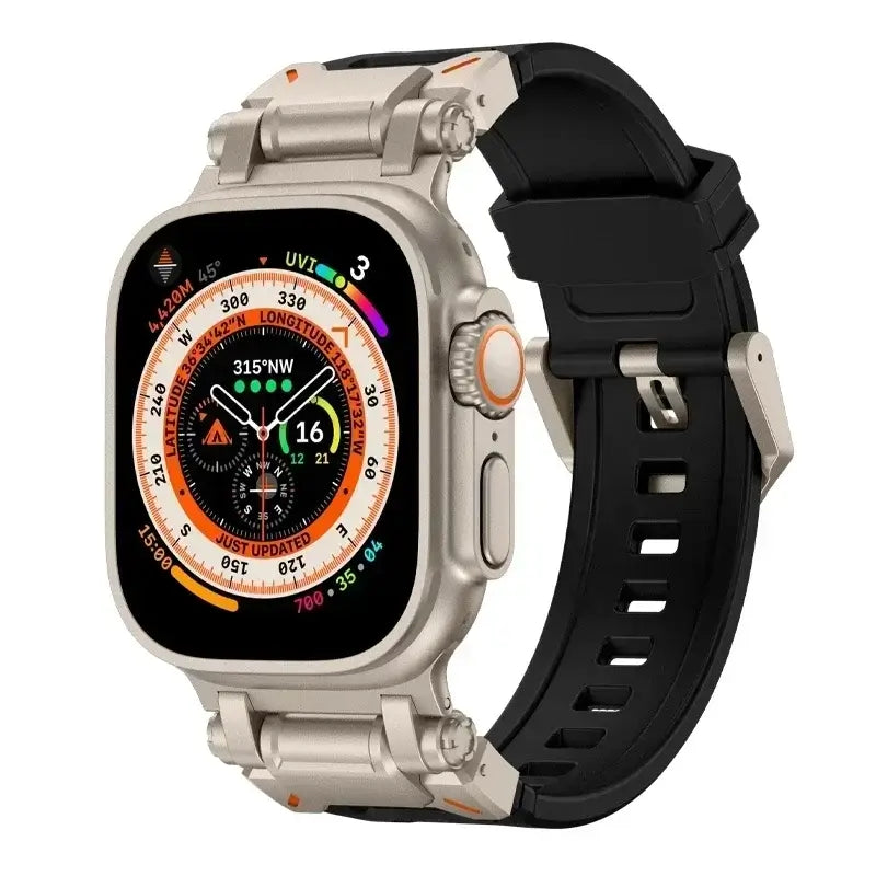 Front view of black silicone Apple Watch band with metallic-tone connectors