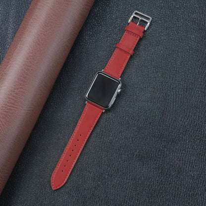 Red Apple Watch Fabric Band on a dark background with leather material, showcasing durability and stylish design.