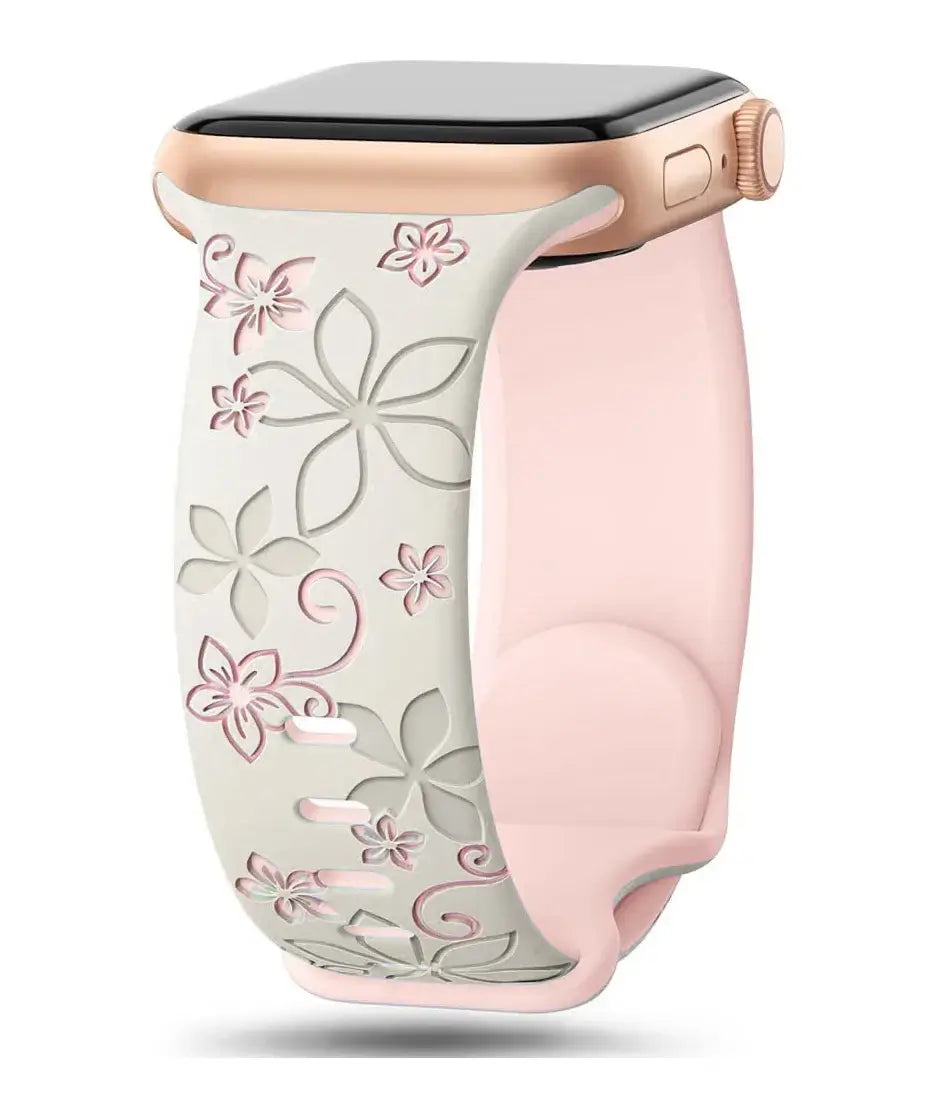 Ivory / Pink two-tone floral silicone Apple Watch band