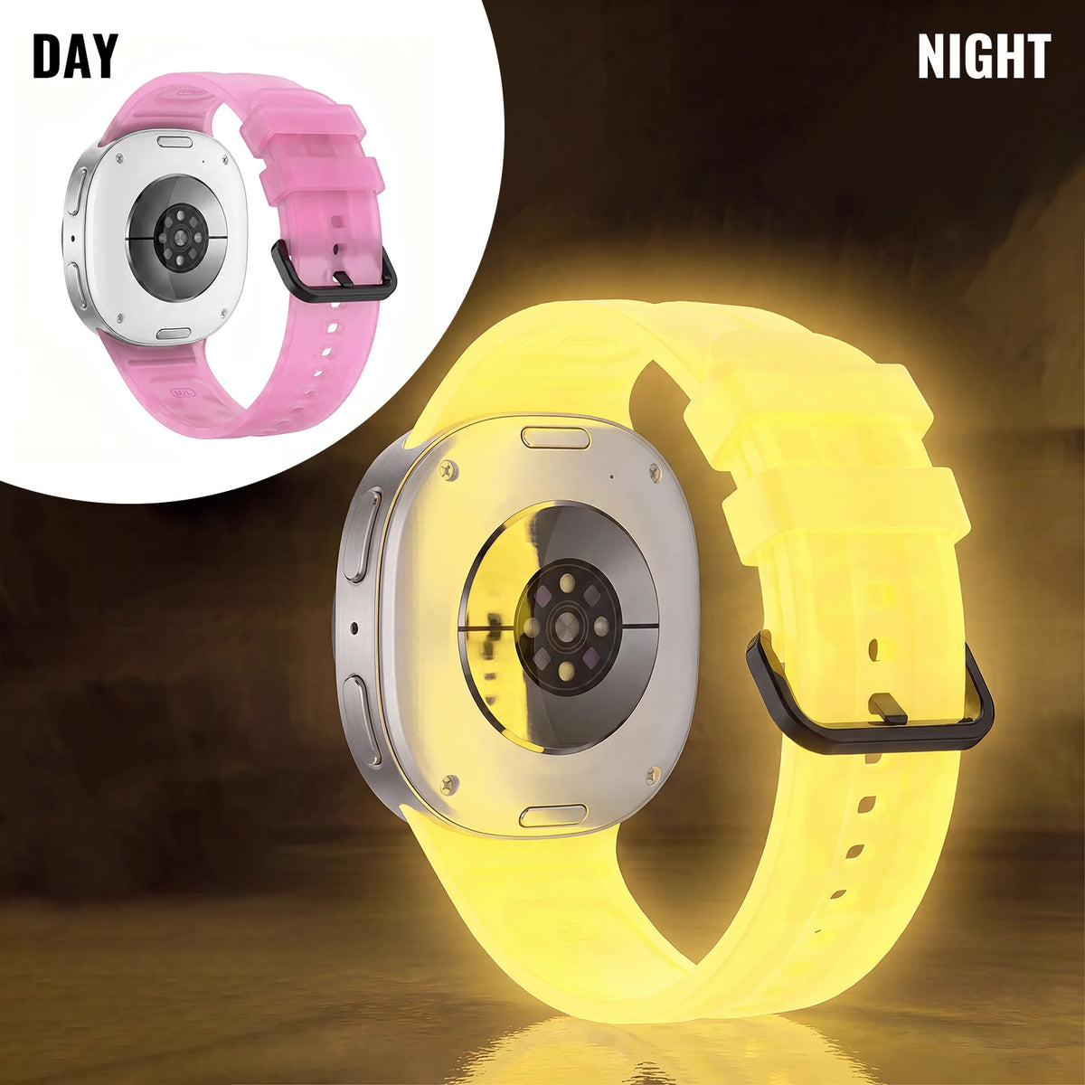 Samsung Galaxy Luminous Silicone Watch Band - Watch8/Watch8 Classic/Watch9 Neon Glow Strap in pink during day and glowing yellow at night.