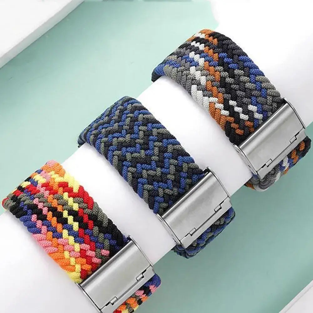 Three patterned braided nylon straps showing metal clasps