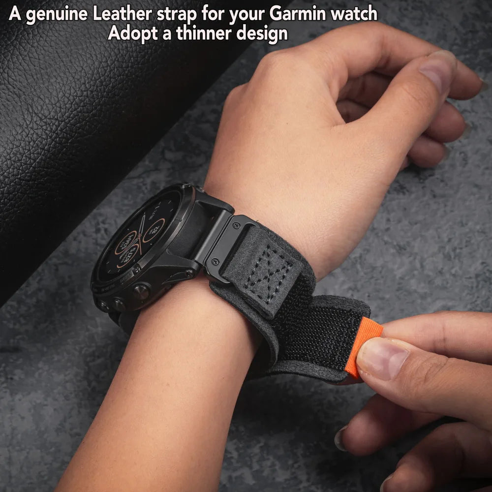 Garmin QuickFit Leather Hook-and-Loop Band leather loop adjustment shown on a wrist