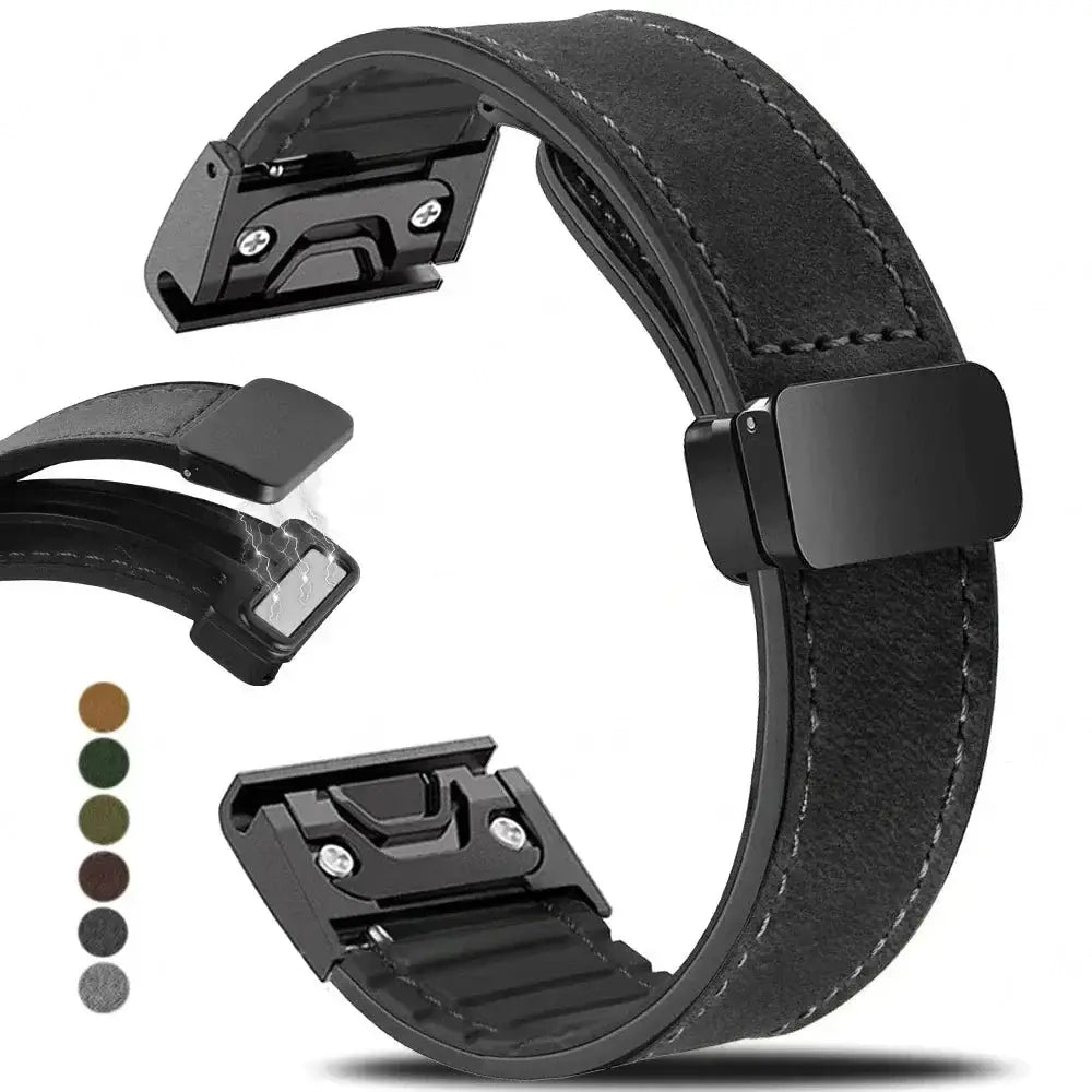 Garmin QuickFit Magnetic Leather Band black leather strap, magnetic buckle and color previews