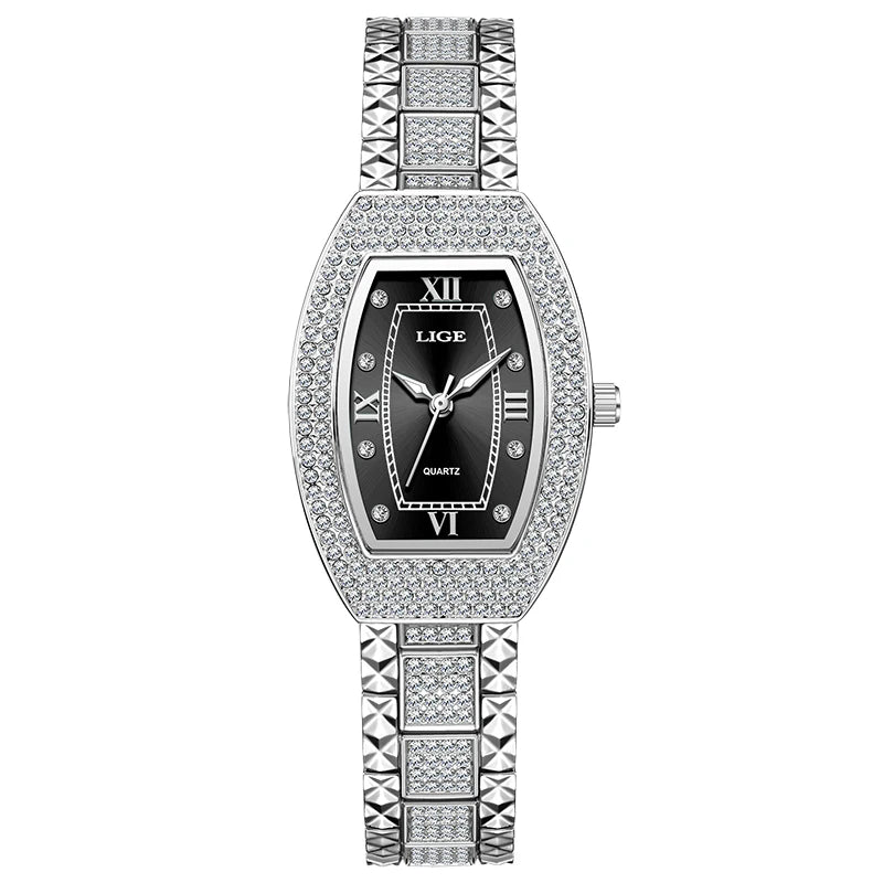 Women's Crystal Tonneau Quartz Bracelet Watch — Silver Tone / Black Dial
