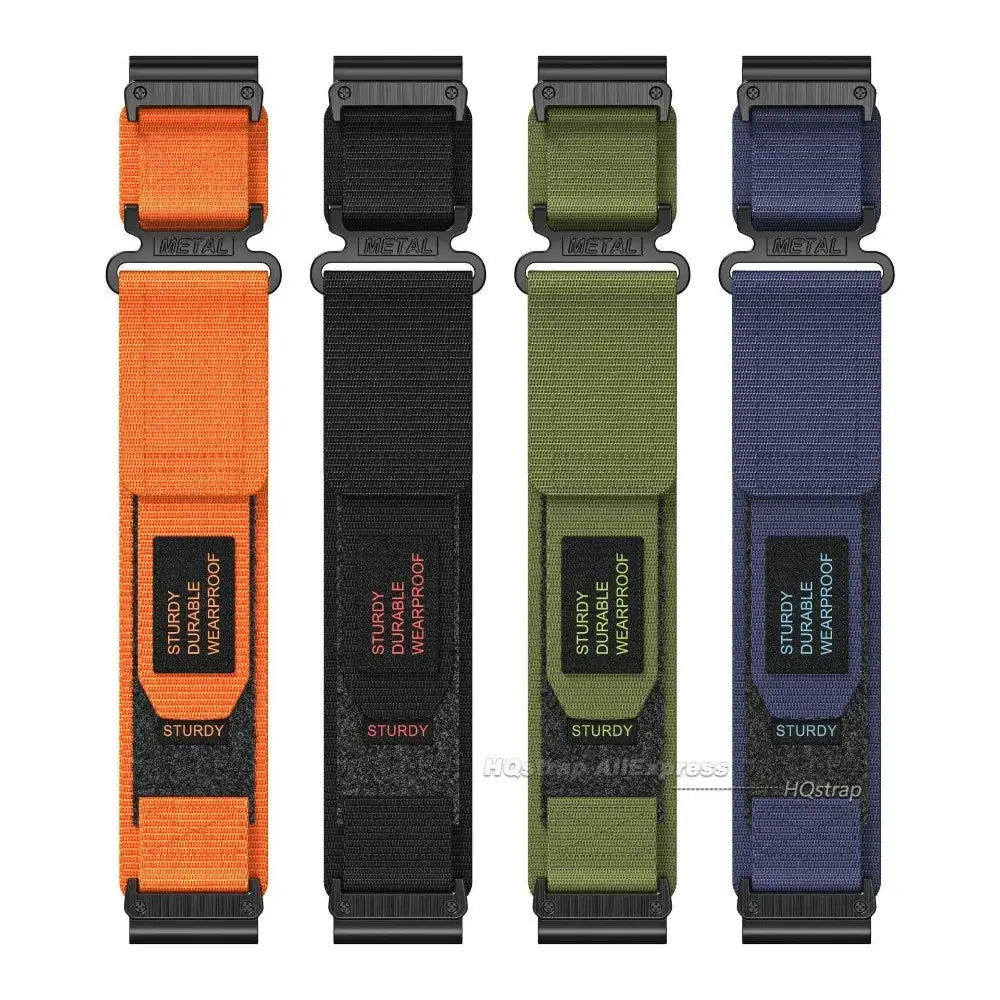 Garmin QuickFit Nylon Utility Loop Band orange, black, olive and navy straps laid flat