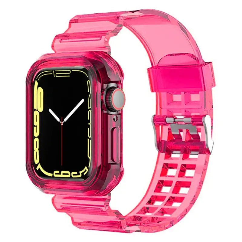 Bright pink transparent Apple Watch band and case, showcasing stylish design and durability for everyday wear.