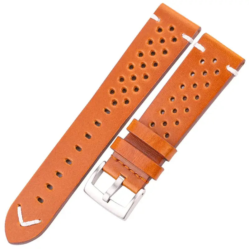 Perforated Leather Band with V Stitch in Orange Brown / Silver Buckle for compatible Huawei watches
