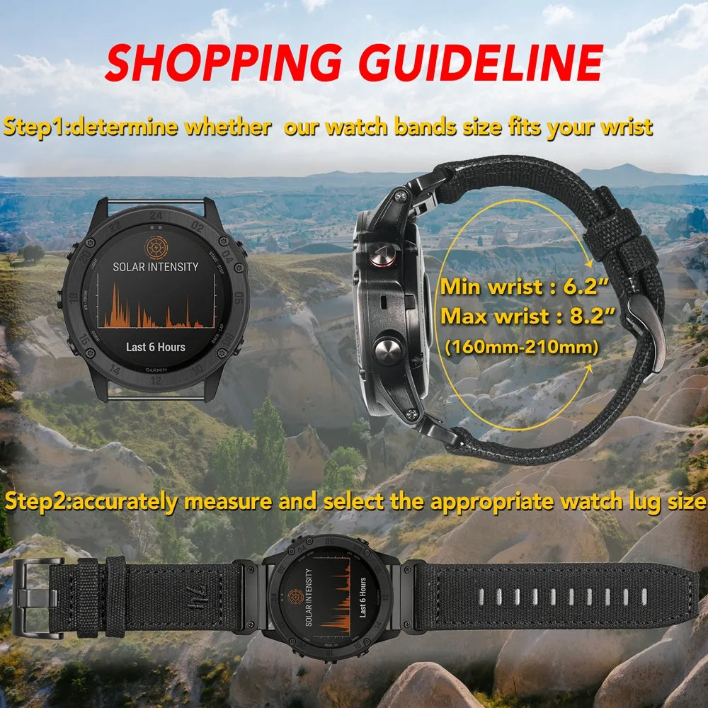 Shopping guideline for Garmin watch bands: wrist size measurements and smartwatches displayed in an outdoor setting.