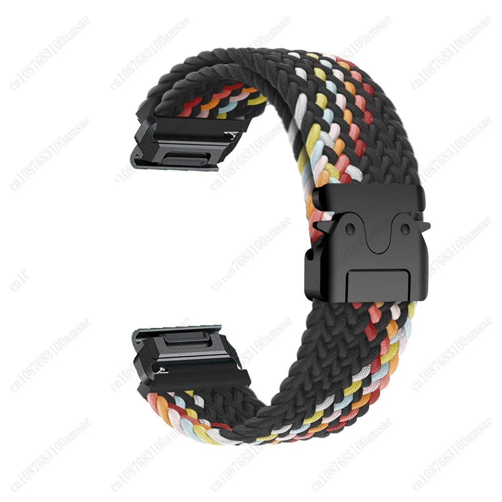 Garmin braided nylon strap in colorful design, lightweight replacement band for smartwatches, featuring adjustable quickfit.