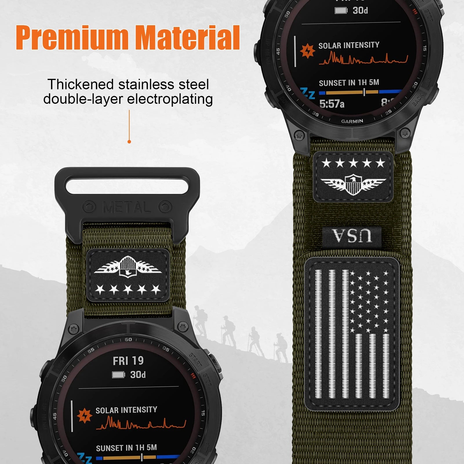 Garmin smartwatch featuring a tactical nylon strap with stainless steel electroplating and USA flag details.