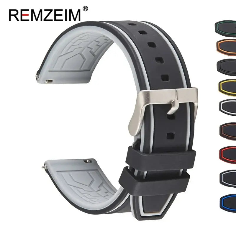 Remzeim silicone watch strap for Suunto, featuring a sleek black design with gray accents and a secure silver buckle.