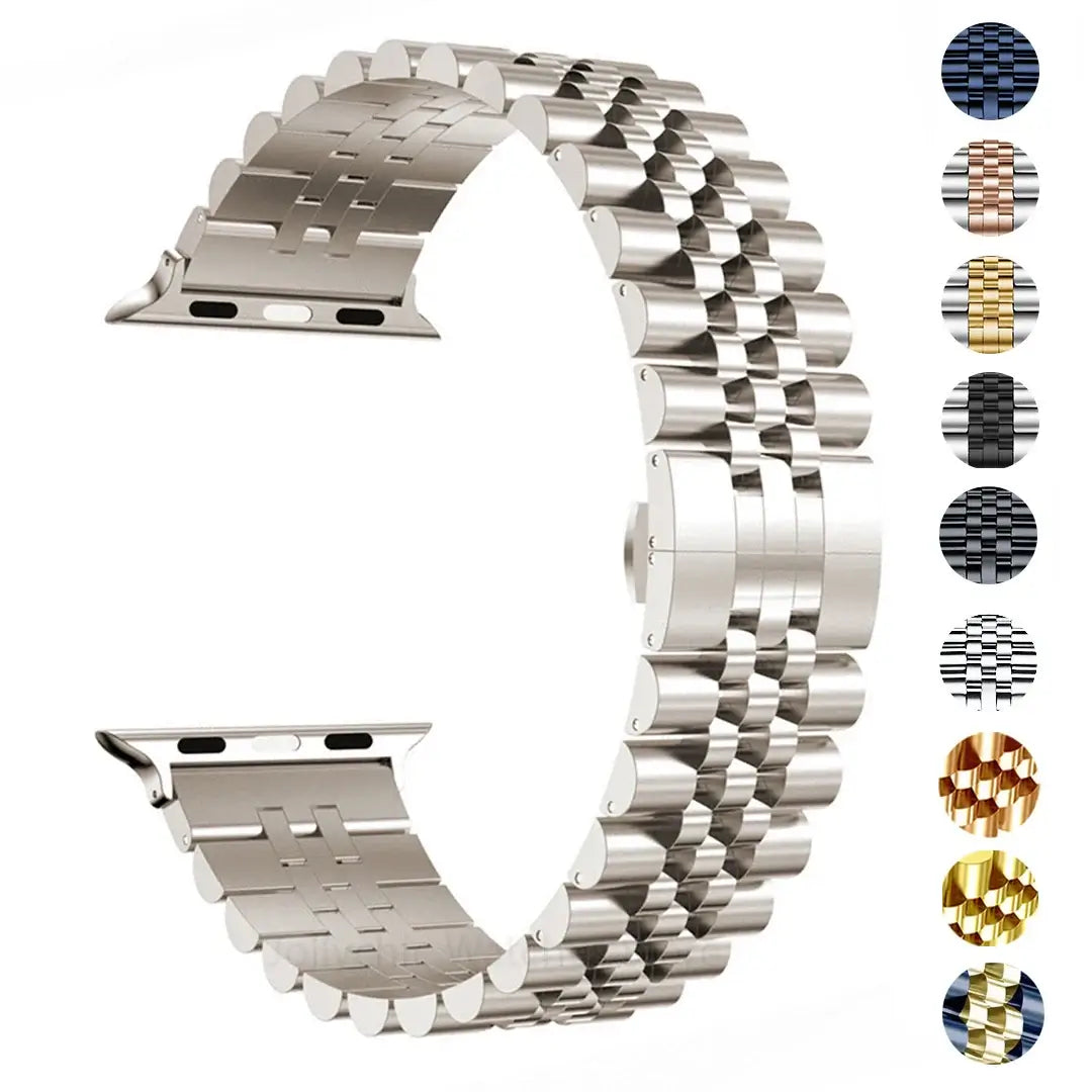 Five-row stainless steel Apple Watch bracelet with finish preview swatches