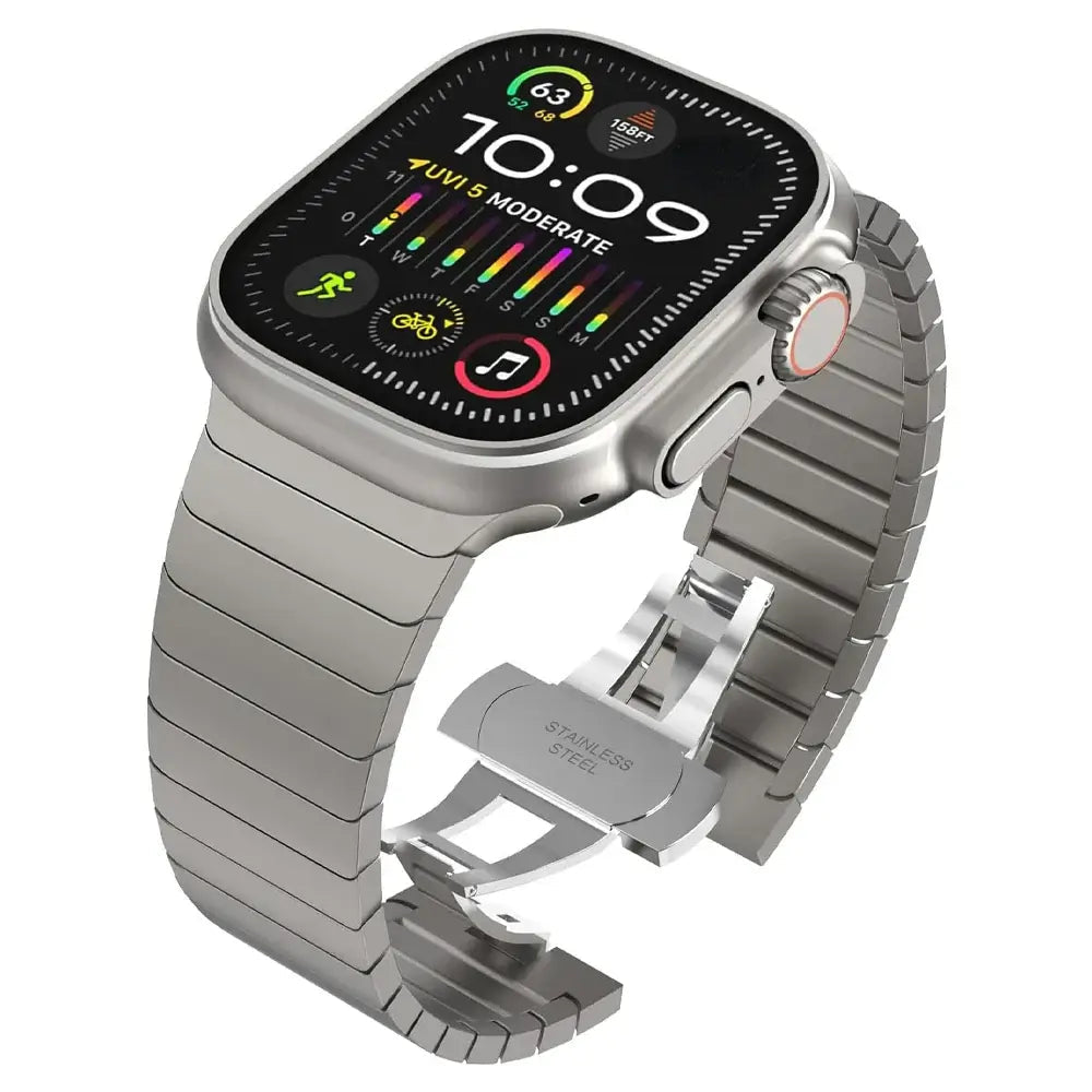 Titanium Tone flat-link stainless steel Apple Watch band