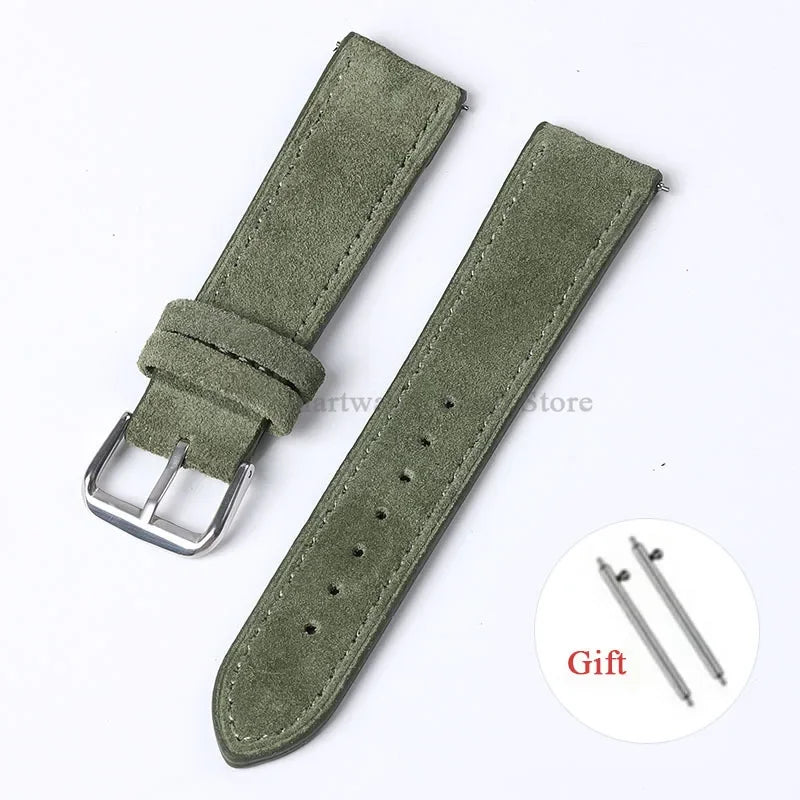 OnePlus Smartwatch Vintage Suede Leather Band Quick Release Strap in green with silver buckle, perfect for daily wear.
