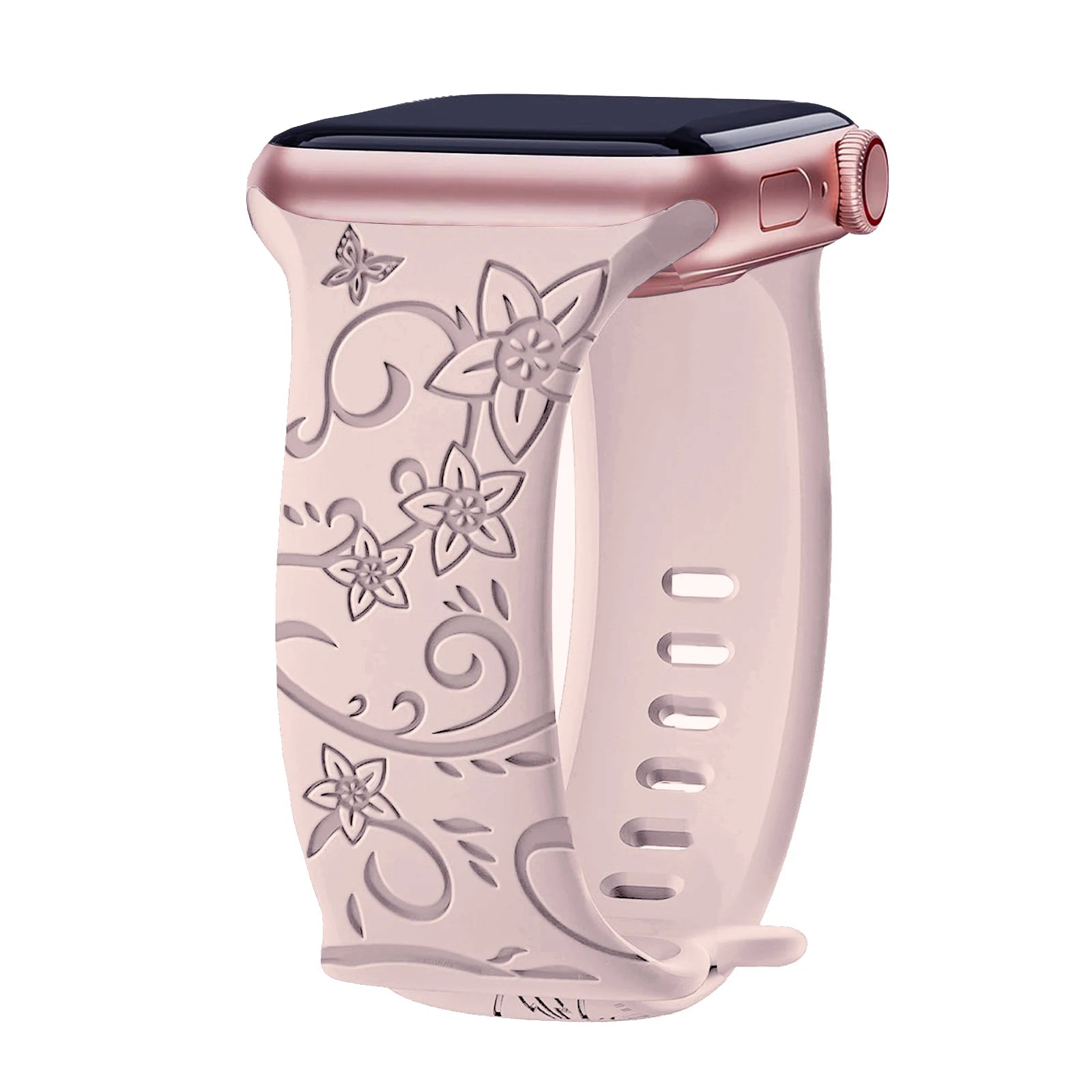 Apple Watch Silicone Strap in soft pink with floral engravings, waterproof and stylish for smartwatch enthusiasts.