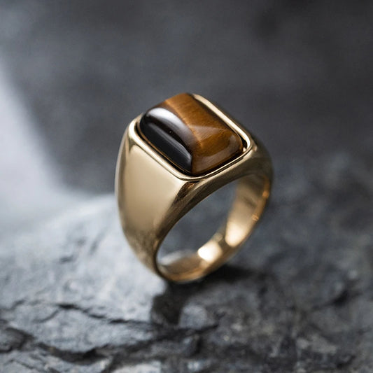 Retro tiger's eye ring, gold-tone stainless steel