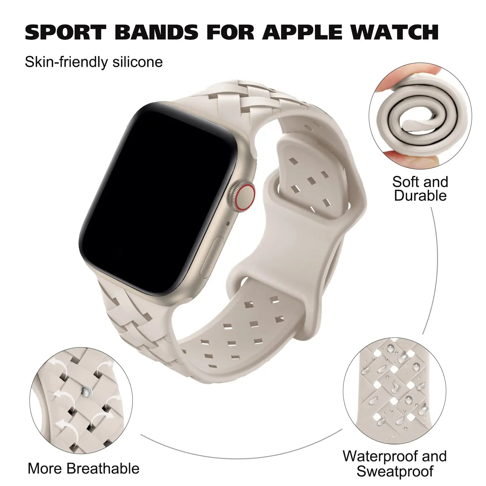 Apple Watch silicone sport band in light color, skin-friendly, breathable, durable, waterproof, and sweat-proof design.