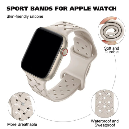 Apple Watch silicone sport band in light color, skin-friendly, breathable, durable, waterproof, and sweat-proof design.