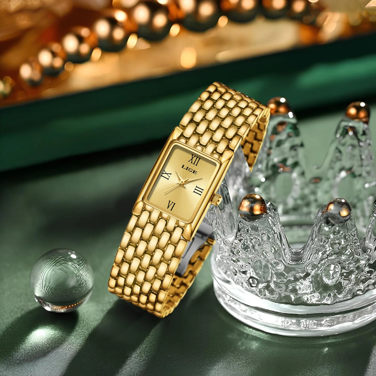 Women's Rectangular Roman Dial Bracelet Watch — Gold-tone watch with Roman numeral dial — BandsCo Straps