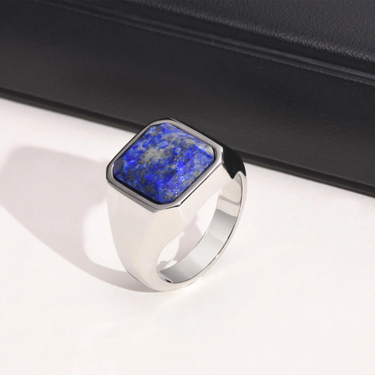 Men's lapis lazuli inlay band ring, stainless steel