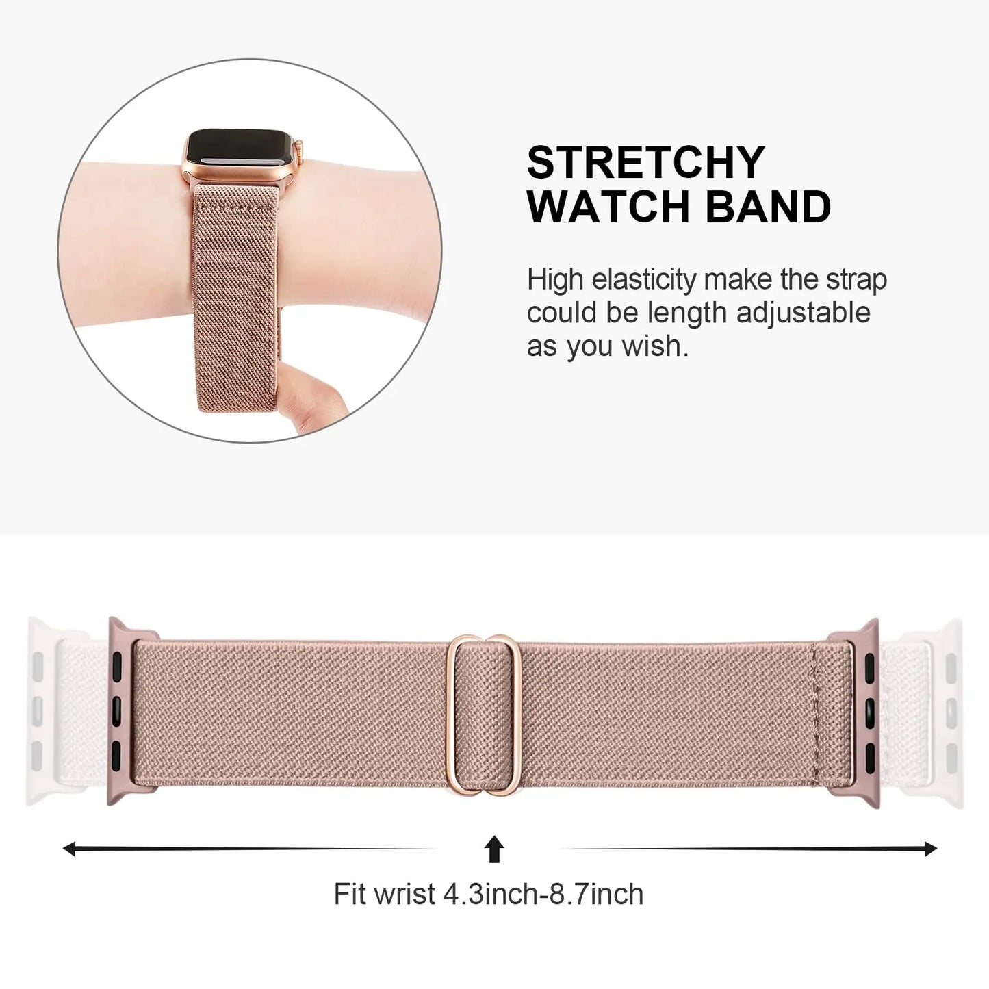 Stretchy nylon sport loop strap for Apple Watch, adjustable fit 4.3-8.7 inches, perfect for comfort and style.
