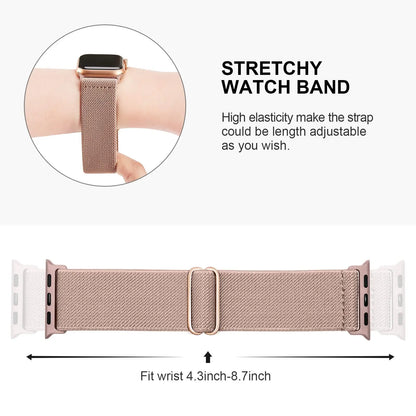Stretchy nylon sport loop strap for Apple Watch, adjustable fit 4.3-8.7 inches, perfect for comfort and style.