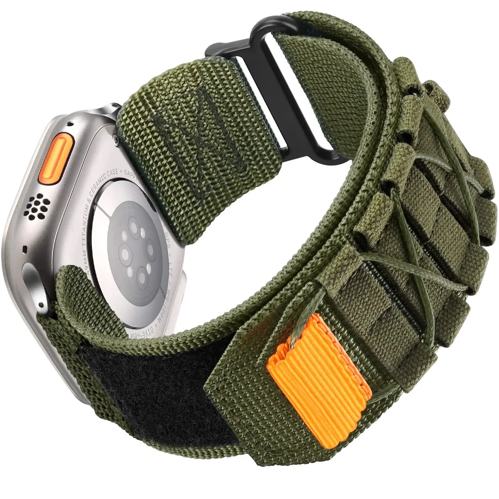 Apple Watch Tactical Loop Band in olive green, featuring durable nylon fabric and adjustable strap for active lifestyles.