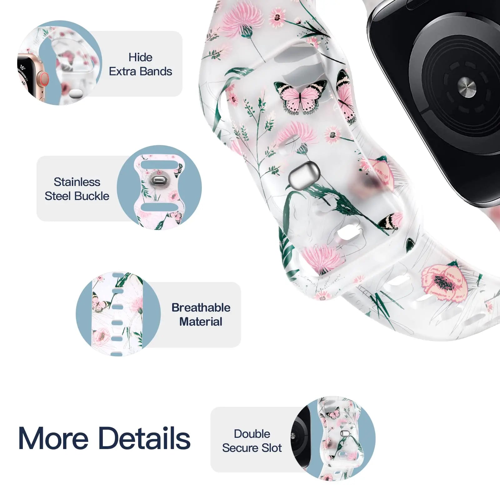 Apple Watch silicone strap with floral design, stainless steel buckle, breathable material, and secure slots.