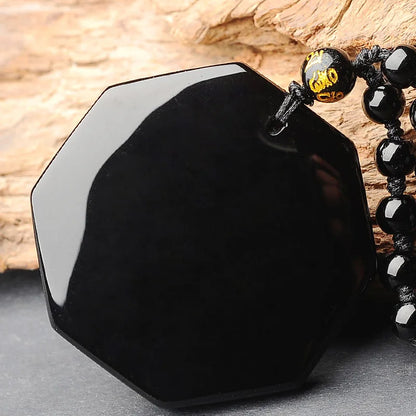 Carved Obsidian Yin Yang Bagua Pendant Necklace on Obsidian Bead Chain