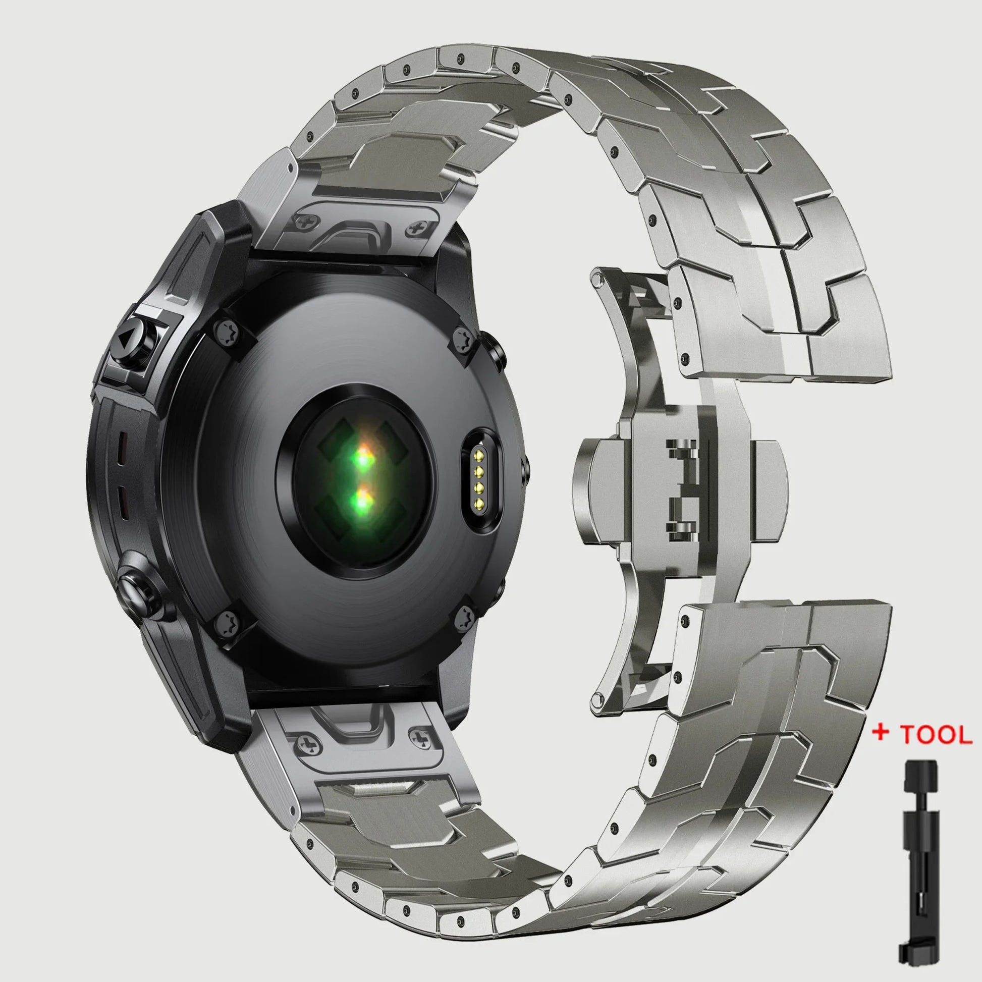Garmin QuickFit stainless steel strap on smartwatch, showcasing durability and elegance, perfect for Garmin bands and replacements.