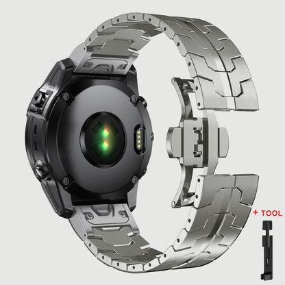 Garmin QuickFit stainless steel strap on smartwatch, showcasing durability and elegance, perfect for Garmin bands and replacements.