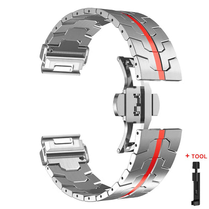 Garmin QuickFit stainless steel strap with red accent, perfect for Garmin smartwatch enthusiasts.