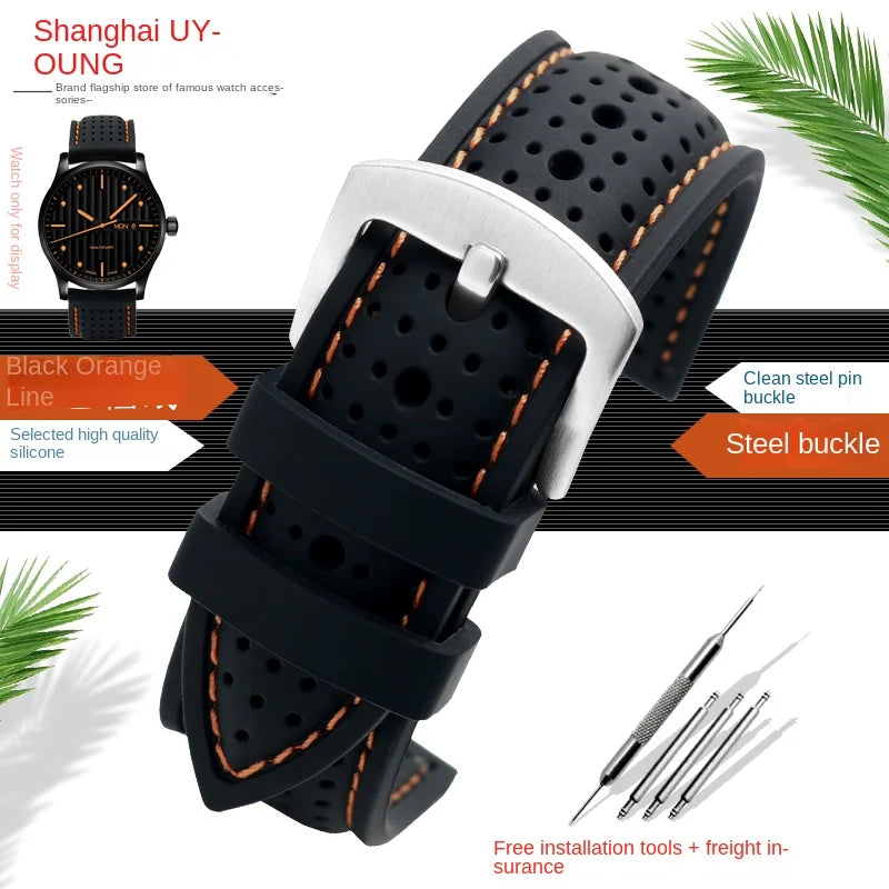 Motorola Moto Perforated Silicone Band with Contrast Stitching — Black / Orange Stitching / Silver Buckle