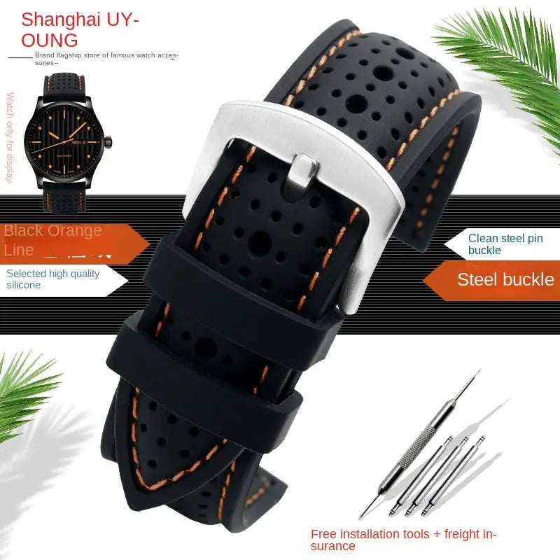 Amazfit Perforated Silicone Band with Contrast Stitching — Black / Orange Stitching / Silver Buckle