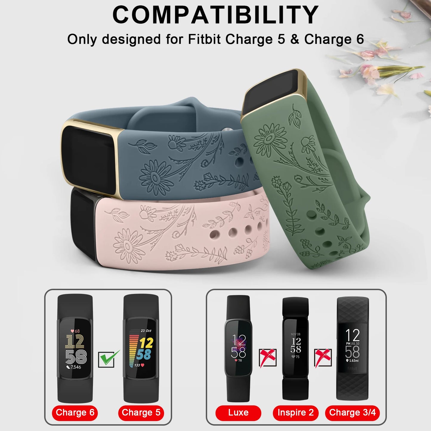 Fitbit Charge 5 and 6 compatible silicone flower engraved straps in various colors for stylish smartwatch bands.