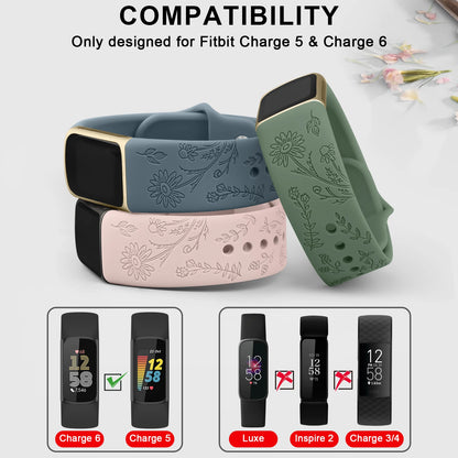 Fitbit Charge 5 and 6 compatible silicone flower engraved straps in various colors for stylish smartwatch bands.