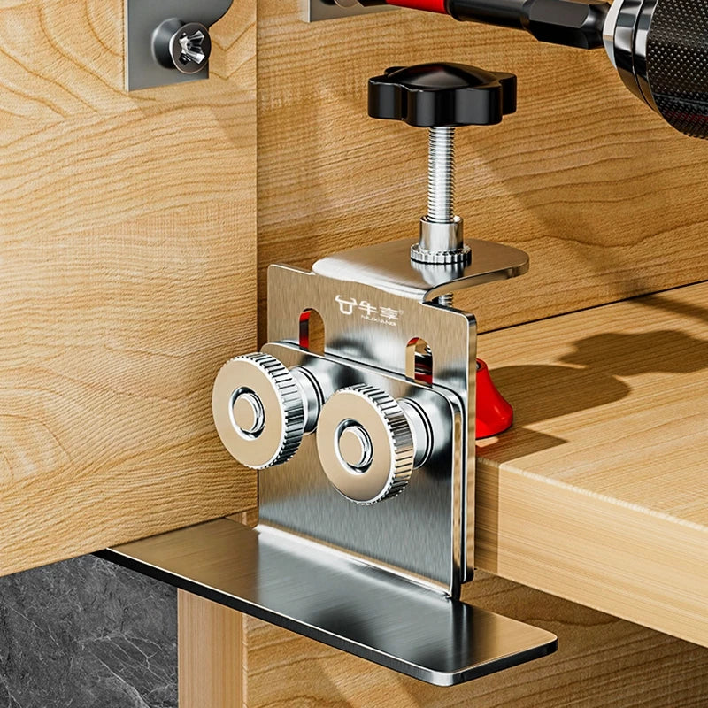 Cabinet door mounting jig holding a cabinet door in place