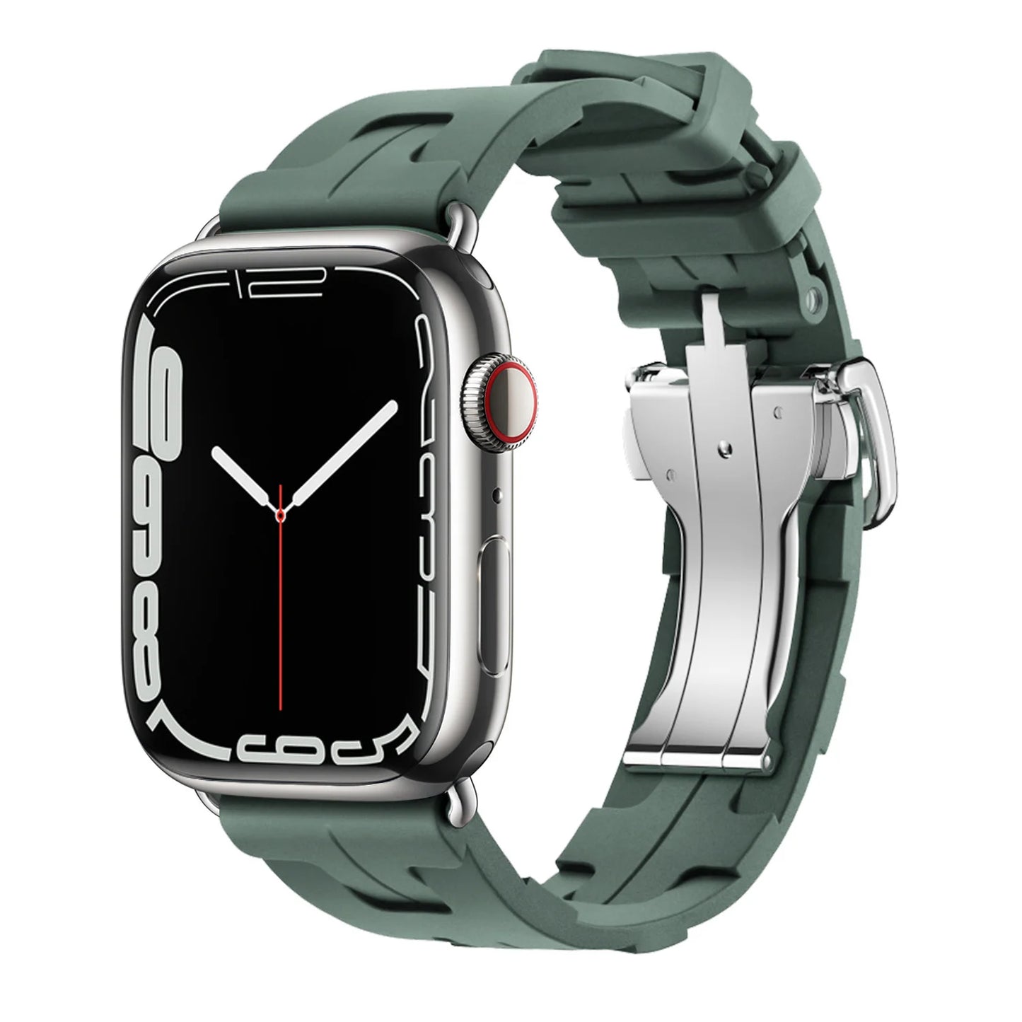 Apple Watch with green silicone band, soft and flexible waterproof strap for comfort during workouts.
