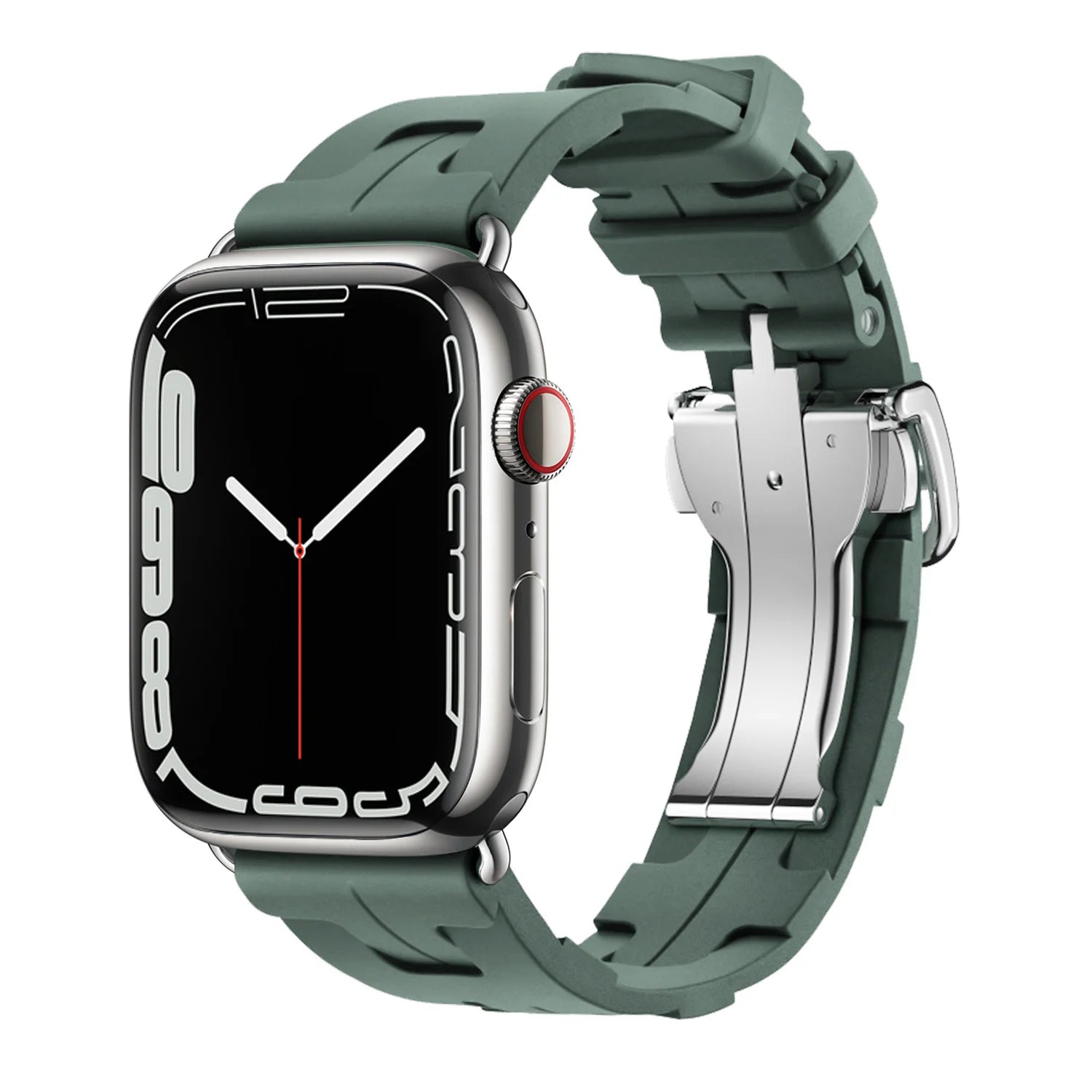 Apple Watch with green silicone band, soft and flexible waterproof strap for comfort during workouts.