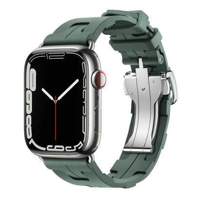 Apple Watch with green silicone band, soft and flexible waterproof strap for comfort during workouts.