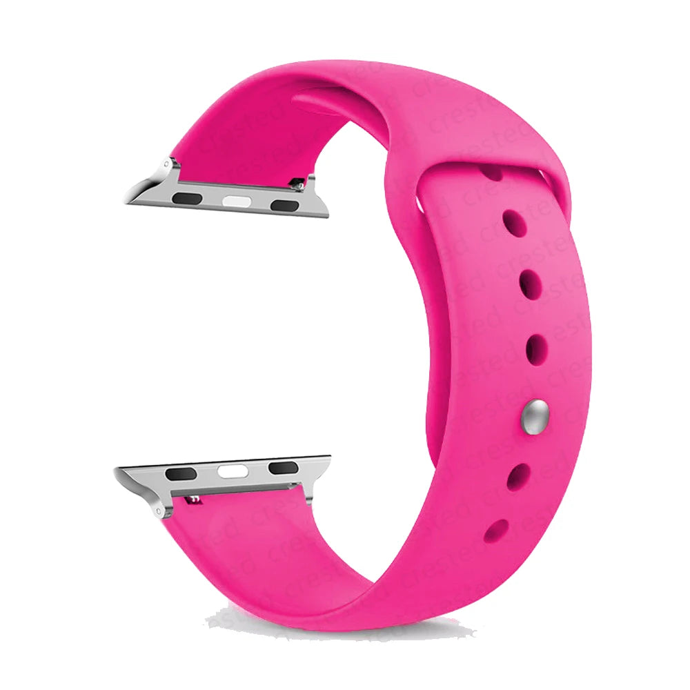 Vibrant pink silicone strap for Apple Watch, comfortable and waterproof for all-day wear.