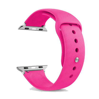 Vibrant pink silicone strap for Apple Watch, comfortable and waterproof for all-day wear.