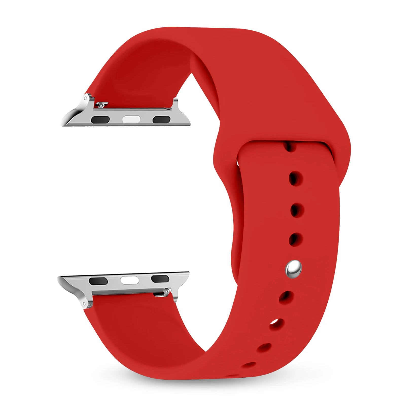 Red silicone strap for Apple Watch, comfortable, waterproof, perfect for workouts and casual wear.