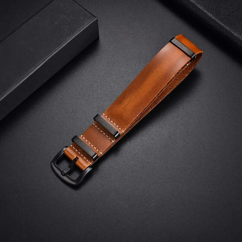 Tan leather pass-through strap with black hardware